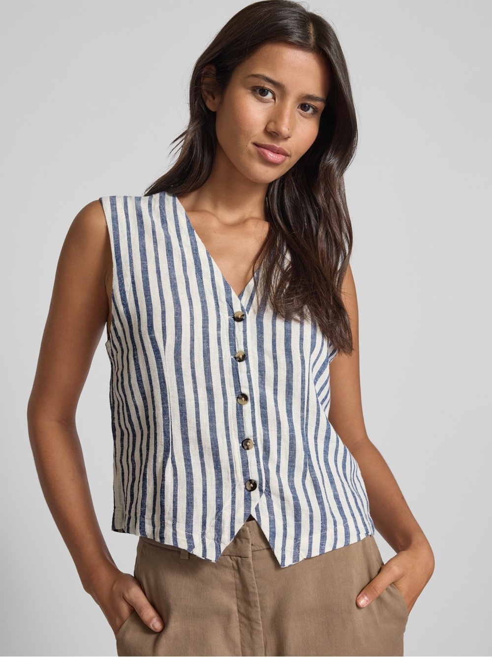 b.young BYFALAKKA Navy White Striped Linen Blend Vest EU 38 NWT